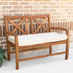 Acacia Wood X-Back Love Seat With Cushions Brown - Saracina Home -Garden Furniture Discounts GUEST a375564a 7544 45f1 9224 786c06015617