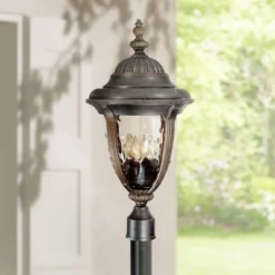 John Timberland Bellagio Rustic Farmhouse Outdoor Post Light Fixture Veranda Bronze 24 1/2" Champagne Hammered Glass For Exterior Barn Deck House Home