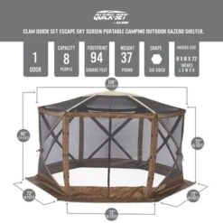 CLAM Quick Set Escape 11.67 X 11.67 Foot Portable Pop-Up Outdoor Camping Gazebo Screen Tent Canopy With Sky Screen, Ground Stakes And Carry Bag, Brown