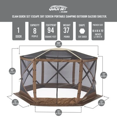 CLAM Quick Set Escape 11.67 X 11.67 Foot Portable Pop-Up Outdoor Camping Gazebo Screen Tent Canopy With Sky Screen, Ground Stakes And Carry Bag, Brown 3 CLAM Quick Set Escape 11.67 X 11.67 Foot Portable Pop-Up Outdoor Camping Gazebo Screen Tent Canopy With Sky Screen, Ground Stakes And Carry Bag, Brown