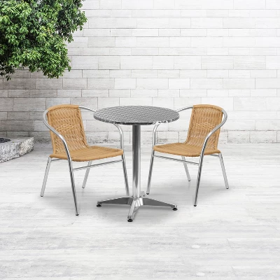 Emma And Oliver 23.5" Round Aluminum Garden Patio Table Set With 2 Rattan Chairs 3 Emma And Oliver 23.5" Round Aluminum Garden Patio Table Set With 2 Rattan Chairs