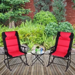 Costway 3 PCS Outdoor Folding Rocking Chair Table Set Bistro Sets Patio Furniture Red -Garden Furniture Discounts GUEST b55837da 90cf 4b55 b1a5 503e0c7ba96e