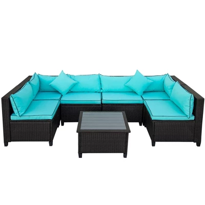 7pc Wicker Outdoor Sectional Seating Set With Cushions - Dark Brown/Blue - GODEER 5 7pc Wicker Outdoor Sectional Seating Set With Cushions - Dark Brown/Blue - GODEER - Image 3