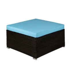 5pc Outdoor Rattan Wicker Conversation Set With Sofas, Chair, Coffee Table & Ottoman - Brown/Blue - GODEER -Garden Furniture Discounts GUEST b8102232 db12 4f4e 8a78 163e6ee60eed