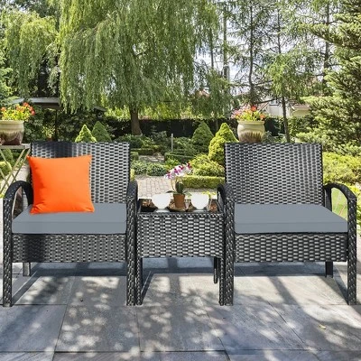Costway 3PCS Patio Rattan Furniture Set Coffee Table Conversation Sofa Outdoor Cushioned Gray 5 Costway 3PCS Patio Rattan Furniture Set Coffee Table Conversation Sofa Outdoor Cushioned Gray - Image 3