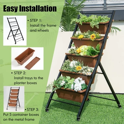 Costway 5-Tier Vertical Raised Garden Bed Elevated Planter With Wheels & Container Boxes Brown 6 Costway 5-Tier Vertical Raised Garden Bed Elevated Planter With Wheels & Container Boxes Brown - Image 4