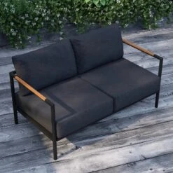 Merrick Lane Outdoor Loveseat With Removable Plush Fabric Cushions And Teak Accented Aluminum Frame -Garden Furniture Discounts GUEST d172538a 9c89 437a ac7c 87593dd246a2