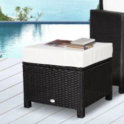 Outsunny 20" Outdoor Ottoman, PE Plastic Rattan Wicker, Fade-Resistant Patio Footrest With Soft Cushion, Steel Frame