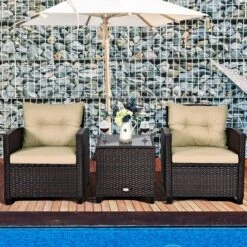 Costway 3PCS Patio Rattan Furniture Set Cushioned Conversation Set Sofa
