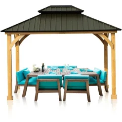 Aoodor Patio Solid Wooden Gazebo 10 X 12.36 Ft. Hardtop Roof 2 - Tier For Garden -Garden Furniture Discounts GUEST dd0b5422 04fa 47fc b1b4 827641443f18