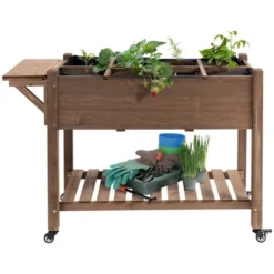 Outsunny 49'' X 21'' X 34'' Raised Garden Bed W/ 8 Grow Grids, Outdoor Wood Plant Box Stand W/ Storage Shelf And Lockable Wheels For Vegetable Flower -Garden Furniture Discounts GUEST dd26aa85 2ac7 477b 8606 a5ece7cb082d