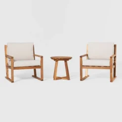 Saracina Home 3pc Modern Slat-Back Acacia Outdoor Conversation Set With Cushions -Garden Furniture Discounts GUEST e228f191 c7e4 49f0 8884 eecb92073a20