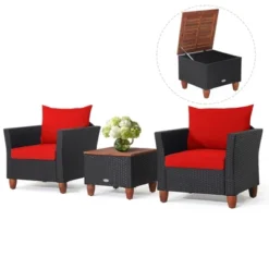 Costway 3PCS Patio Rattan Furniture Set Cushioned Sofa Storage Table With Wood Top Red/Black -Garden Furniture Discounts GUEST e24b36cb 08f3 42f6 acde a57ad0d9bb82