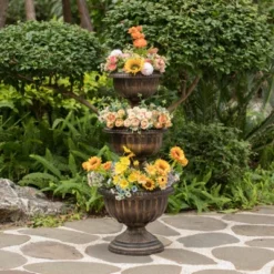 Gardenised Outdoor Garden Triple Stacked Flower Bowl Urn Tier Planter Decoration, Bronze
