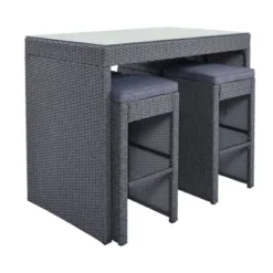 5pc Outdoor Rattan Bar Set With Stools & Cushions- Gray - WELLFOR