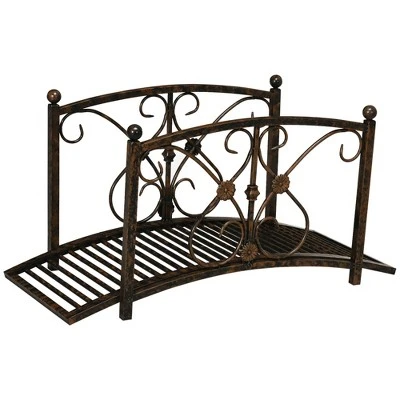 Outsunny 3.4FT Metal Arch Zen Garden Bridge With Safety Siderails, Decorative Footbridge, Delicate Floral Scrollwork For Stream, Fish Pond, Brown 5 Outsunny 3.4FT Metal Arch Zen Garden Bridge With Safety Siderails, Decorative Footbridge, Delicate Floral Scrollwork For Stream, Fish Pond, Brown - Image 3