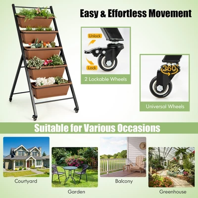 Costway 5-Tier Vertical Raised Garden Bed Elevated Planter With Wheels & Container Boxes Brown 10 Costway 5-Tier Vertical Raised Garden Bed Elevated Planter With Wheels & Container Boxes Brown - Image 8