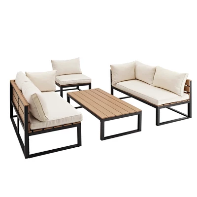 4pc Metal & Wood All Weather Patio Sectional Set - Natural - Saracina Home 3 4pc Metal & Wood All Weather Patio Sectional Set - Natural - Saracina Home